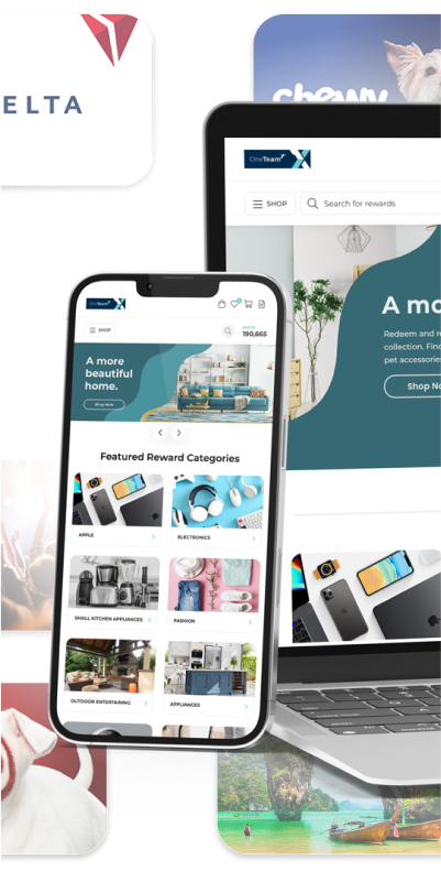 AI driven catalog on a mobile device and laptop screen with gift cards in the background.