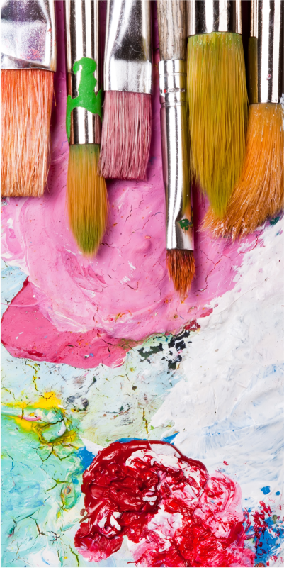 A vibrant background with a collection of paint brushes.