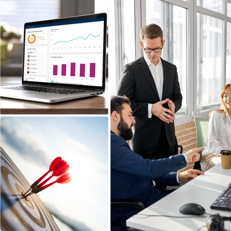 A collage of images that include a laptop with software, a dart board with 3 arrows at the bullseye, and a group of people in a meeting setting.
