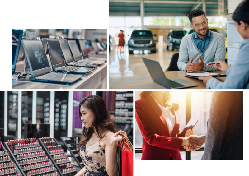 A collage of images, a row of laptops, a woman in a store looking at cosmetics, a man and a woman shaking hands, and a man helping a customer at a car dealership.