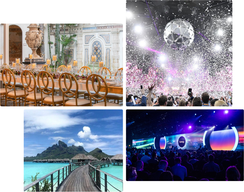 A collage of images showcasing a wedding, a beach, and an event, capturing the essence of different settings and occasions.