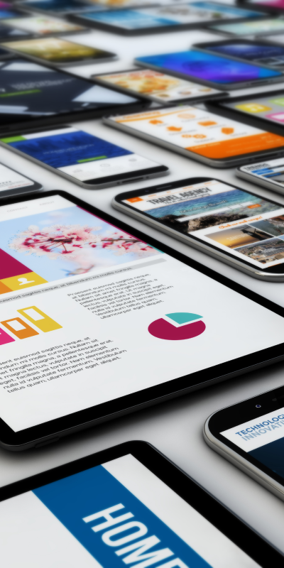 Various Tablets and Smartphones Neatly Arranged on a Table.