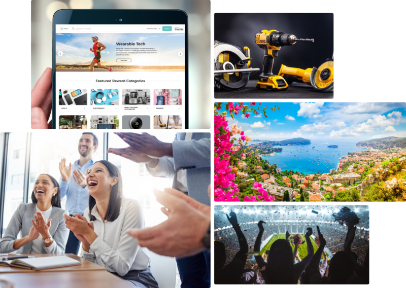 collage of images includes power tools, a meeting setting with everyone clapping, a sports arena with people cheering, a tablet device with rewards, and a nice scenic getaway.