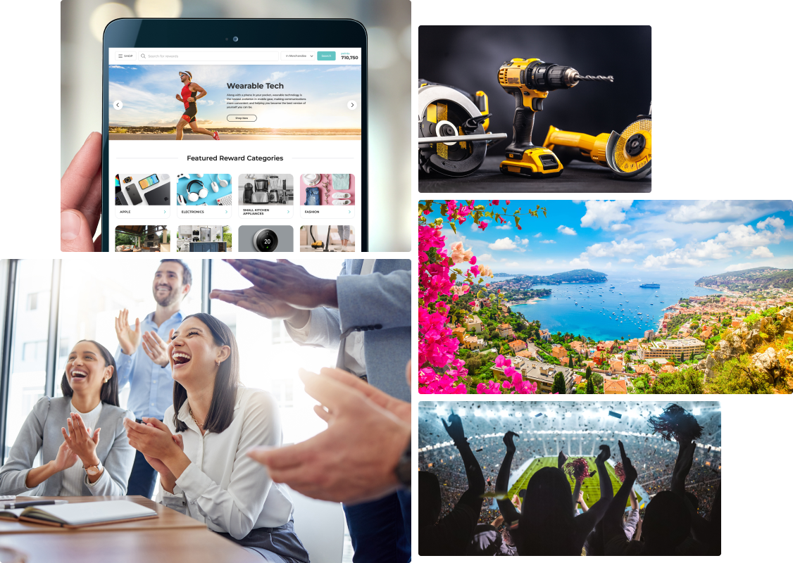 collage of images includes power tools, a meeting setting with everyone clapping, a sports arena with people cheering, a tablet device with rewards, and a nice scenic getaway.