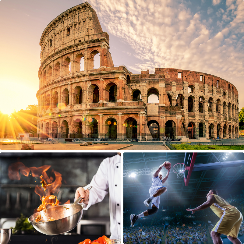 A collage of images featuring people playing basketball, cooking food, and Rome's colosseum.
