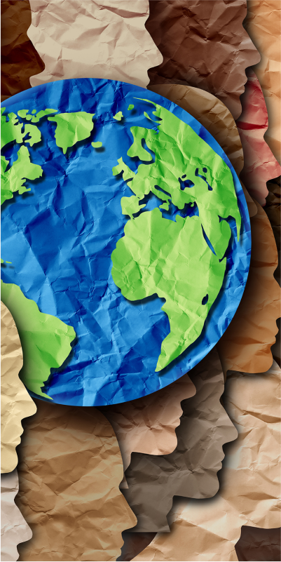 World map featuring various human heads, symbolizing diversity and inclusivity across continents.