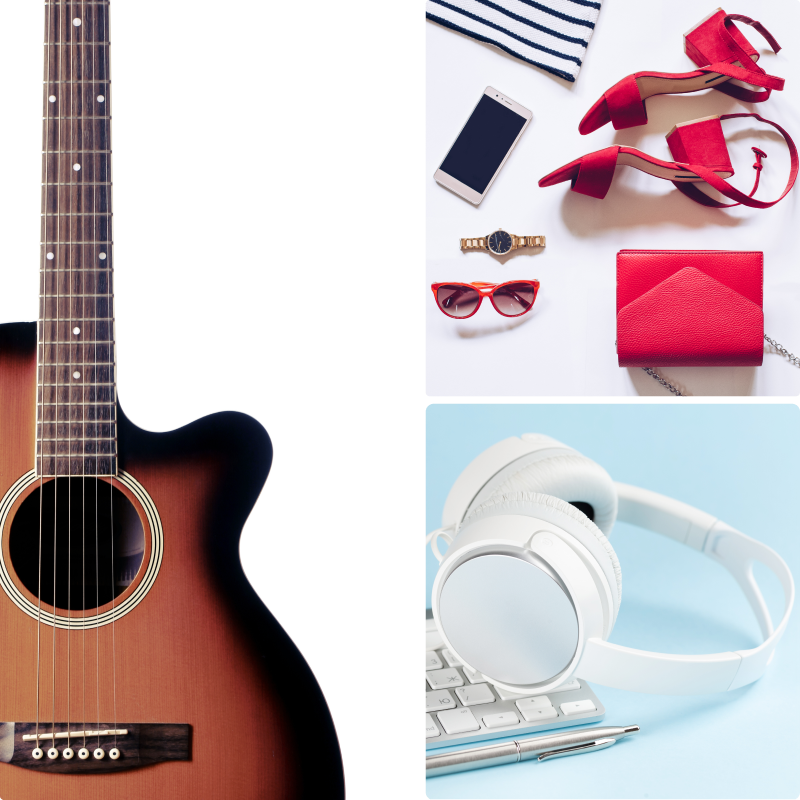 A guitar, keyboard, headphones, and multiple purses on a table.