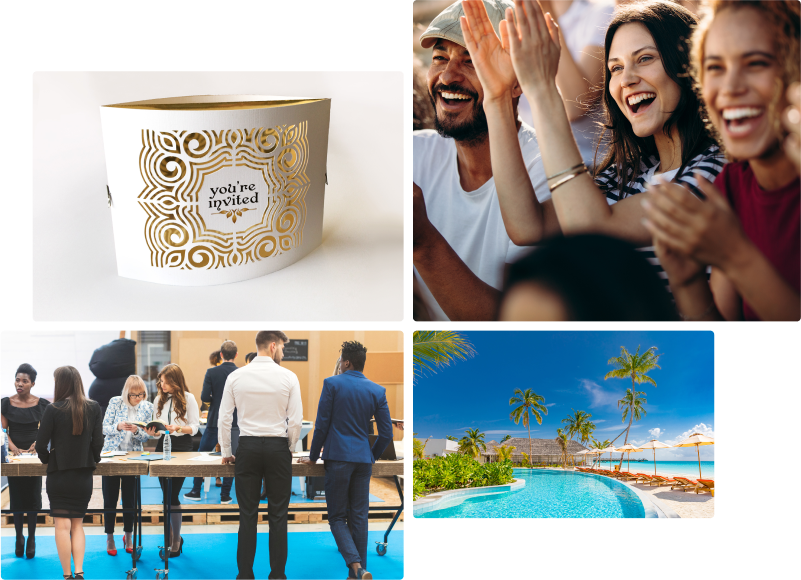 A collage of images with a pool, people cheering at an event, and a group of business people at a meeting.