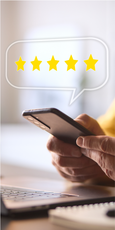 A person on a phone with a graphic above showcasing 5 stars.