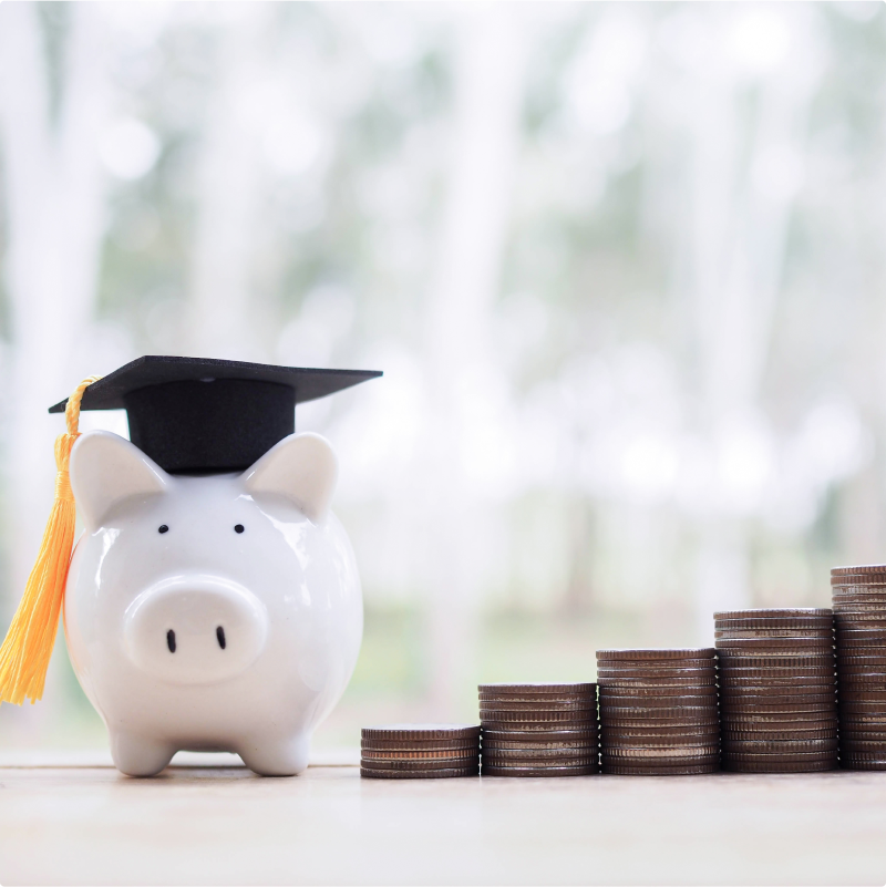Image showing a piggy bank with coins and a graduation cap on top.
