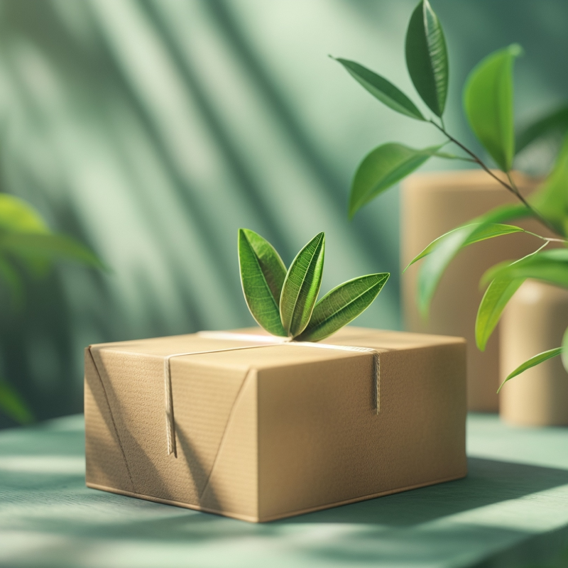 A 3D rendering of a green plant and a cardboard box on a green background.
