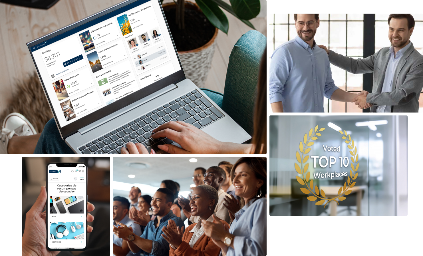 Collage of photos includes software on a laptop, two men shaking hands, an audience clapping, and a voted top 10 workplaces sign on a glass door.