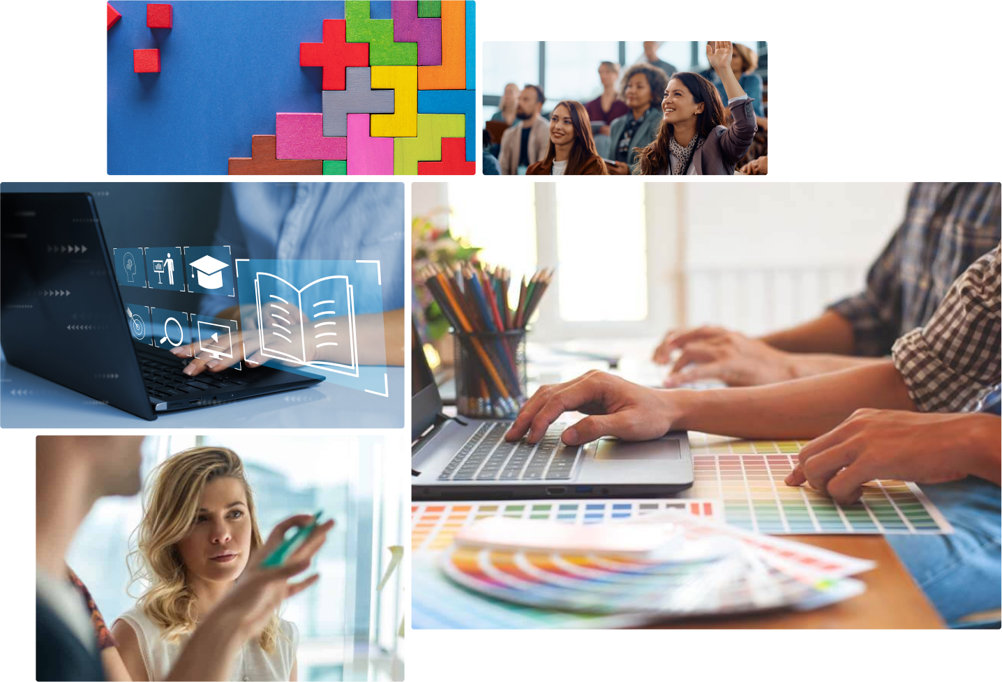 Collage of images includes puzzle pieces, laptop, and people working together.