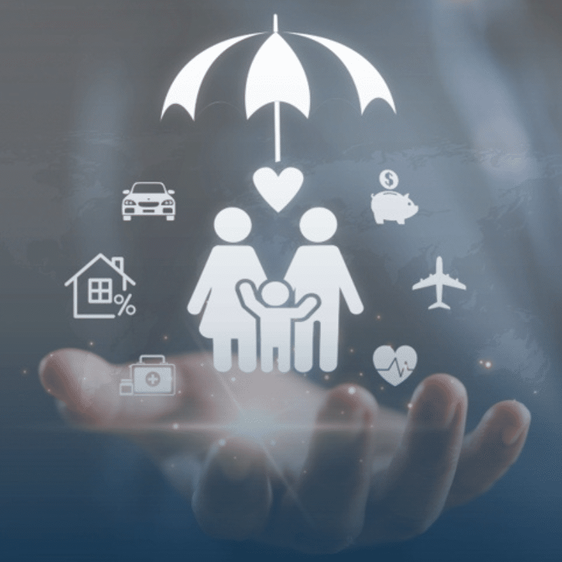 An umbrella with different insurance verticals is hovering over a hand.