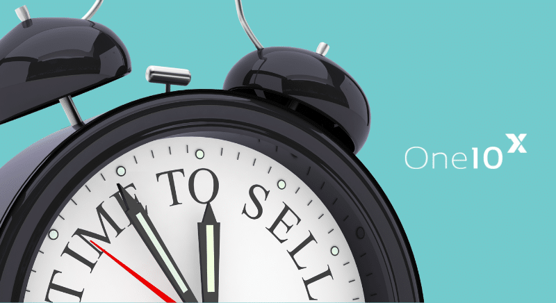Alarm Clock Close-up with 'time to Sell' on the Dial Against a Turquoise Background, with the One10x Logo Nearby.
