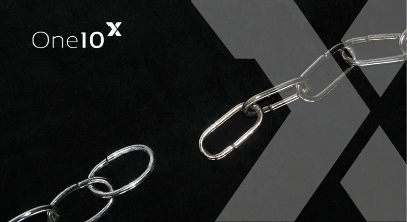 Brand Banner with the One10x Logo on a Dark Background and a Metallic Chain Motif Crossing the Frame.