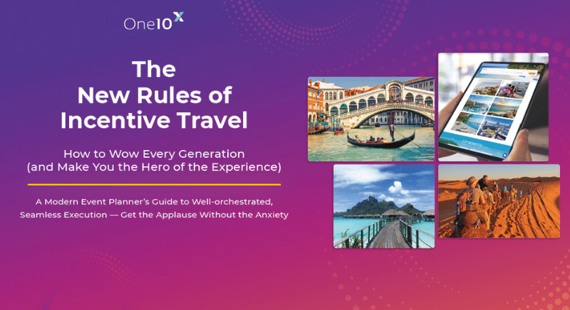 Cover slide: 'The New Rules of Incentive Travel' with gradient purple-pink background and four travel photo thumbnails (Venice canal, tablet showing photos, boardwalk pier, and desert dunes).