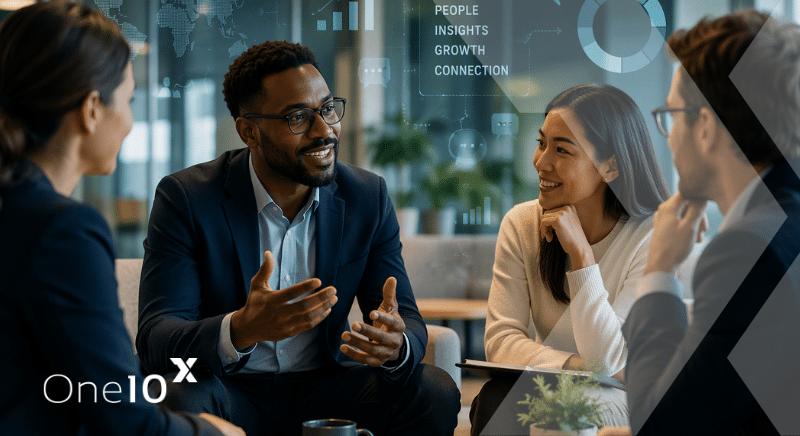 Diverse Team in a Glass-walled Office Discussing Ideas; Central Speaker Gesturing, Others Listening; Overlay Graphics and One10x Logo.